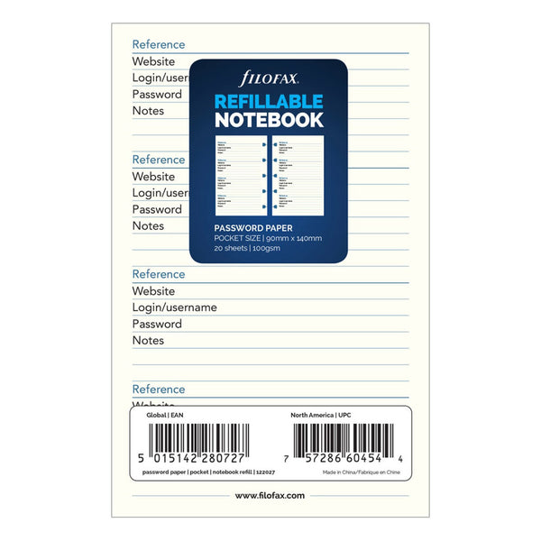 Filofax Pocket Password Paper Refill 20pk