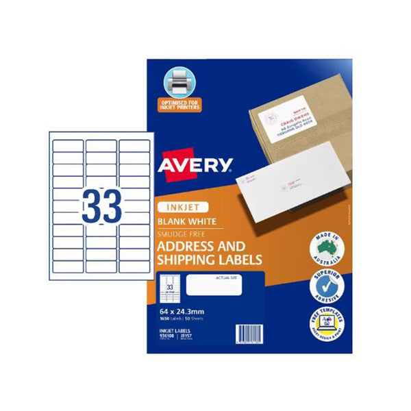 Avery Inkjet Blank White Address Label 33/Sheet