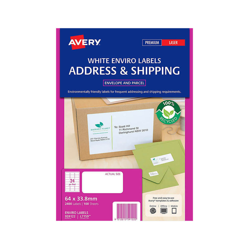 Avery Enviro 100% resirkulerte etiketter White (100pk)