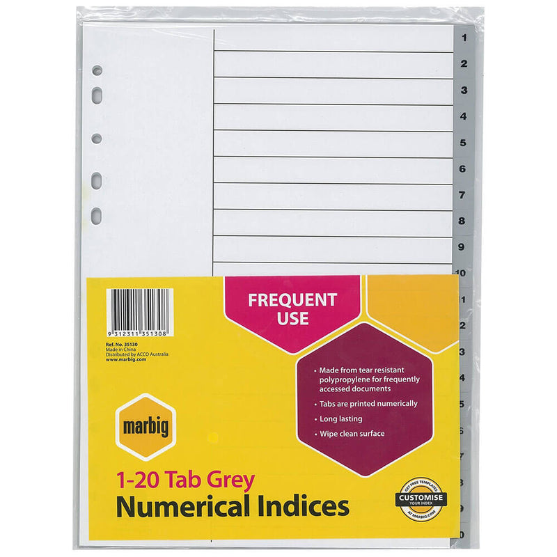 Marbig Numerical Indices & Dividers A4 (Grey)