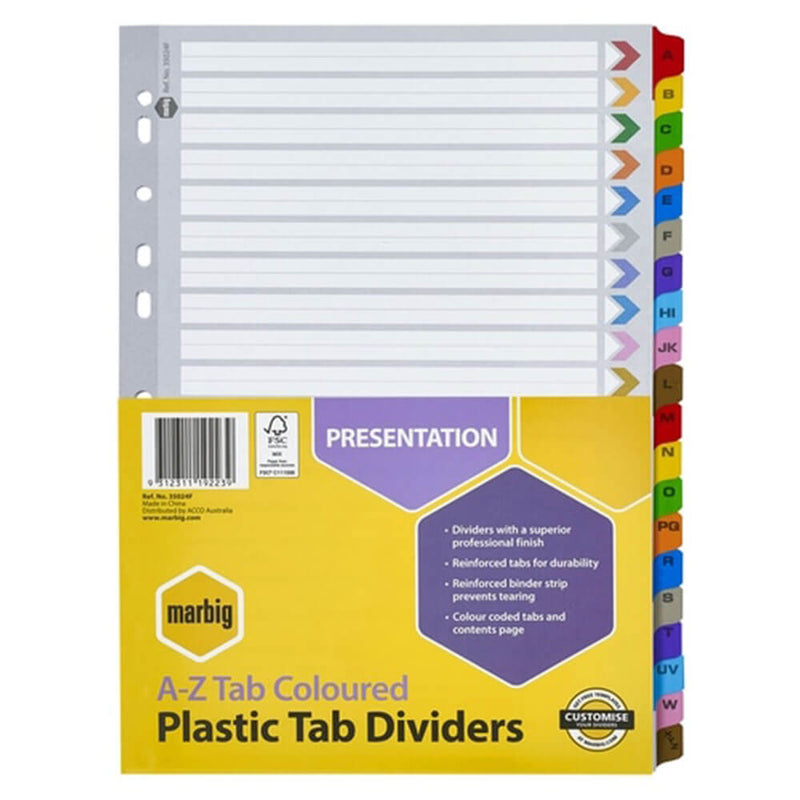 Marbig Manilla Plastic Tab Dividers A4 (Coloured)